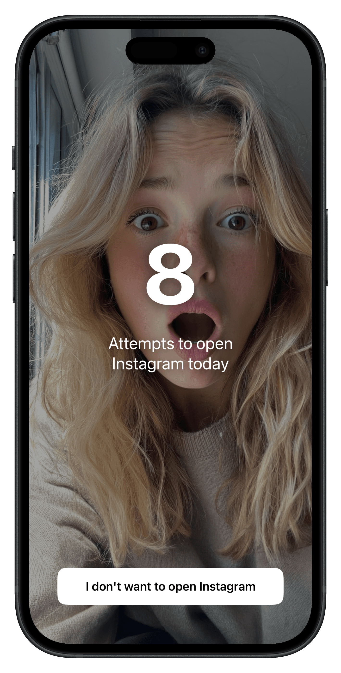 The Not Now camera screen counting eight attempts to open Instagram today